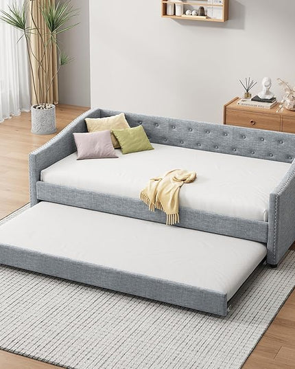 Twin Daybed Frame with Trundle,Upholstered Sofa Bed W/Button & Nailhead Tufted Design,Wood Slats Support,Saving Space,Linen Fabric Bedframe for Living Room Bedroom Apartment,Light Gray - LeafyLoom