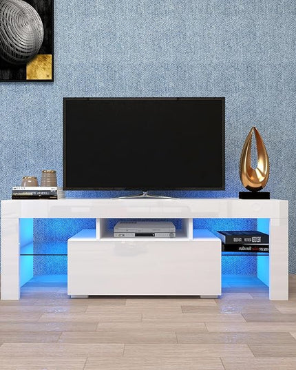 51Inch TV Stand Base, Entertainment Center Cabinet with LED Light Media Console for Living Room, Bedroom, White - LeafyLoom