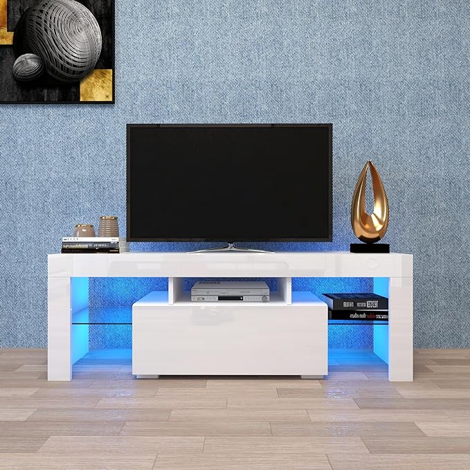 51Inch TV Stand Base, Entertainment Center Cabinet with LED Light Media Console for Living Room, Bedroom, White - LeafyLoom