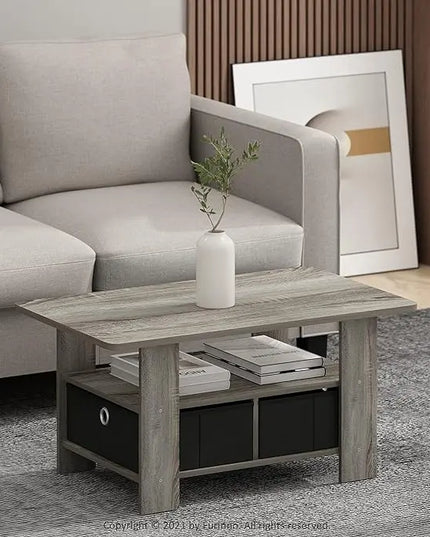 Furinno Andrey Coffee Table with Bin Drawer, French Oak Grey/Black - LeafyLoom