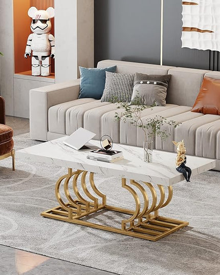 Tribesigns Modern Coffee Table, 47 Inch Faux Marble Cocktail Table with Geometric Frame, Rectangular Center Table Tea Table Accent Furniture for Living Room, Simple Assembly (White/Gold) - LeafyLoom