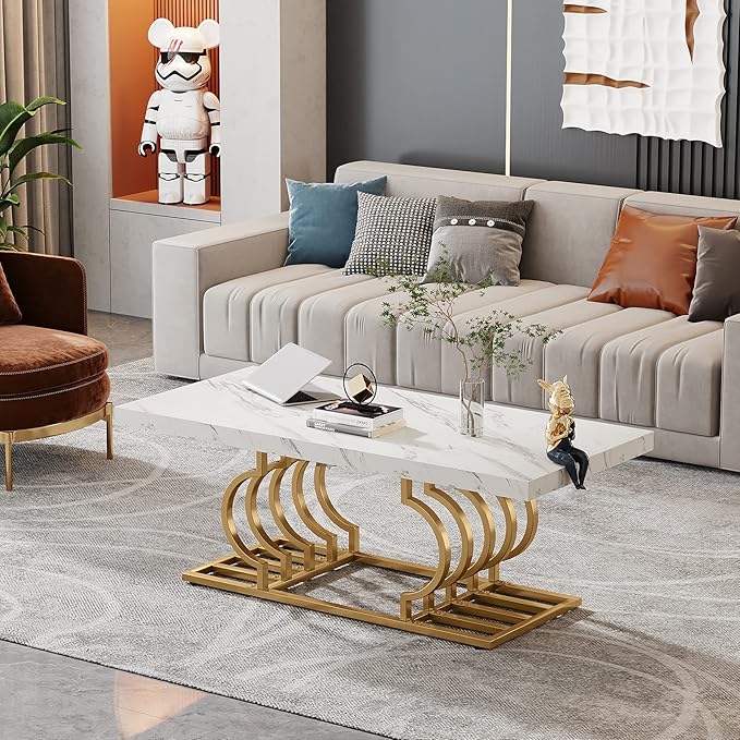 Tribesigns Modern Coffee Table, 47 Inch Faux Marble Cocktail Table with Geometric Frame, Rectangular Center Table Tea Table Accent Furniture for Living Room, Simple Assembly (White/Gold) - LeafyLoom