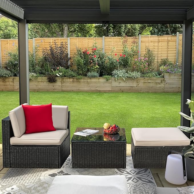 Greesum 3 Piece Patio Conversation Set Wicker Rattan Furniture Outdoor Sofa with Cushions,Pillows and Glass Table for Porch,Lawn and Yard, Beige - LeafyLoom