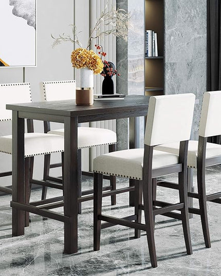 Kitchen 5-Piece Counter Height Dining Set, Classic Elegant Table and 4 Chairs in Espresso and Beige - LeafyLoom