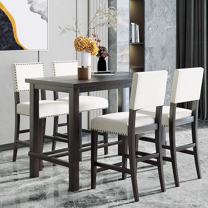 Kitchen 5-Piece Counter Height Dining Set, Classic Elegant Table and 4 Chairs in Espresso and Beige - LeafyLoom
