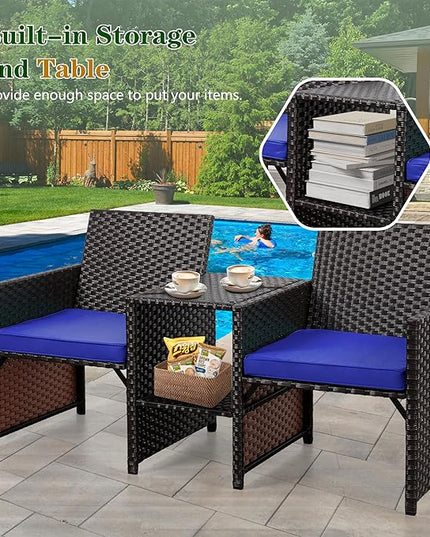 Shintenchi Wicker Patio Conversation Furniture Set with Detachable Chairs & Table and Two Removable Cushions,Rattan Wicker Lover Chair for Patio,Garden, Courtyard and Lawn Backyard (Deep Blue) - LeafyLoom