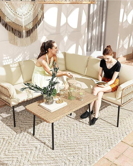 DWVO 4 Pieces Patio Furniture Set, Outdoor Rattan Woven Patio Conversation Set Sectional L-Shaped Sofa with 5 Seater for Backyard, Porch, Boho Detachable Lounger with Cushions and Side Table (Beige) - LeafyLoom