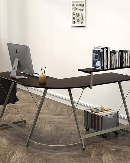 SHW Vista L-Shape Desk with Monitor Stand, Espresso - LeafyLoom