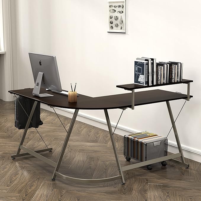SHW Vista L-Shape Desk with Monitor Stand, Espresso - LeafyLoom
