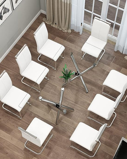 Dining Chairs Set, Kitchen Modern Metal Chairs with Faux Leather Padded Seat High Back and Sturdy Chrome Legs, Chairs for Dining Room (White, Set of 8) - LeafyLoom