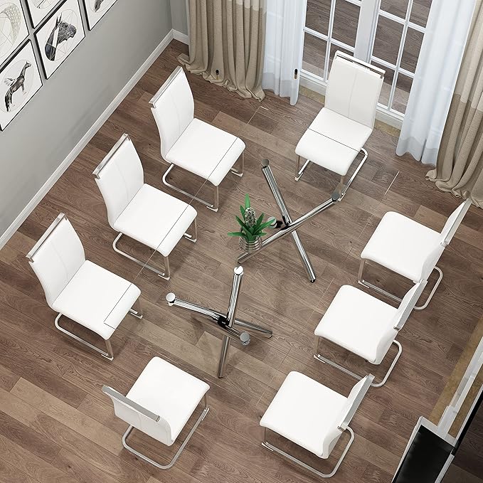 Dining Chairs Set, Kitchen Modern Metal Chairs with Faux Leather Padded Seat High Back and Sturdy Chrome Legs, Chairs for Dining Room (White, Set of 8) - LeafyLoom