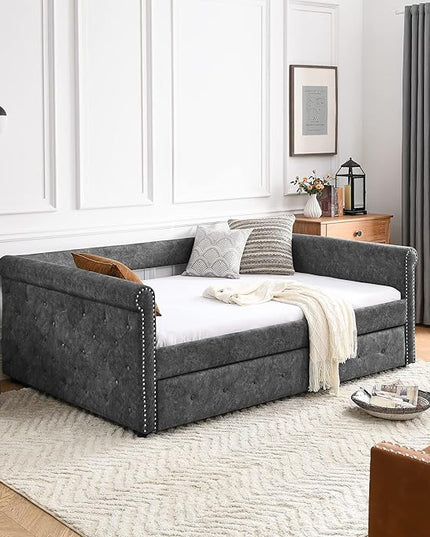 Full Size Daybed with Twin Trundle,Bedroom Upholstered Sofa Bed with Button Tufted and Copper Nail on Round Arms, No Spring Box Need,Grey (85.5"x57"x30.5") - LeafyLoom