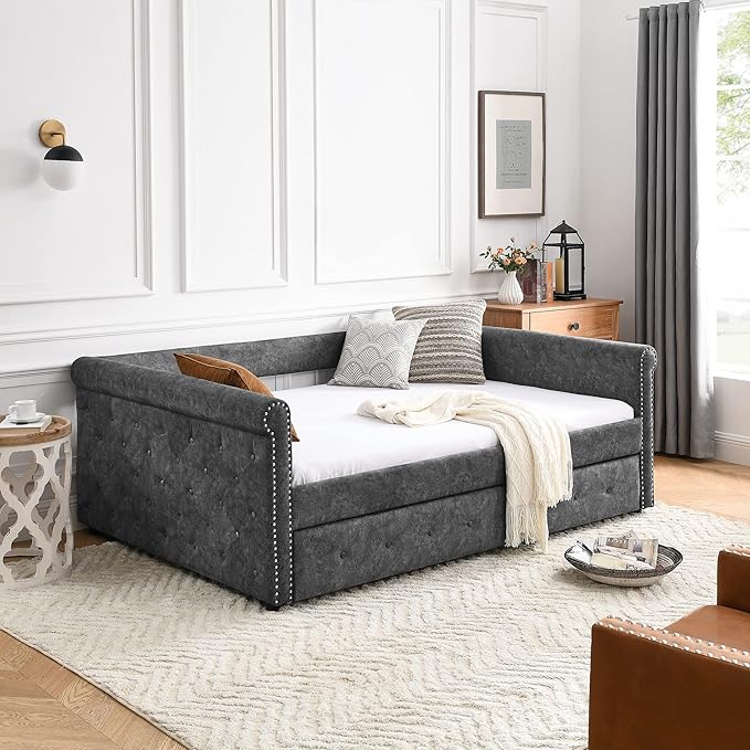 Full Size Daybed with Twin Trundle,Bedroom Upholstered Sofa Bed with Button Tufted and Copper Nail on Round Arms, No Spring Box Need,Grey (85.5"x57"x30.5") - LeafyLoom