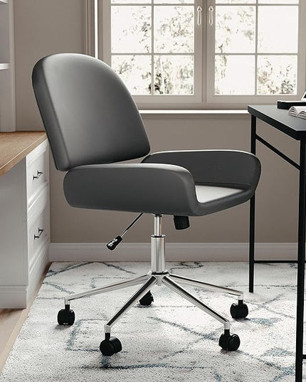Martha Stewart Tyla Armless Swivel Task Chair for Home Office in Gray Faux Leather with Polished Nickel Frame - LeafyLoom