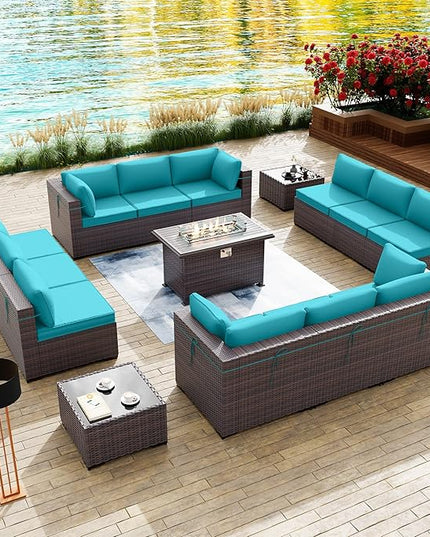 Kullavik 15 Pieces Outdoor Patio Furniture Set with 43" Gas Propane Fire Pit Table PE Wicker Rattan Sectional Sofa Patio Conversation Sets,Blue Cushions - LeafyLoom