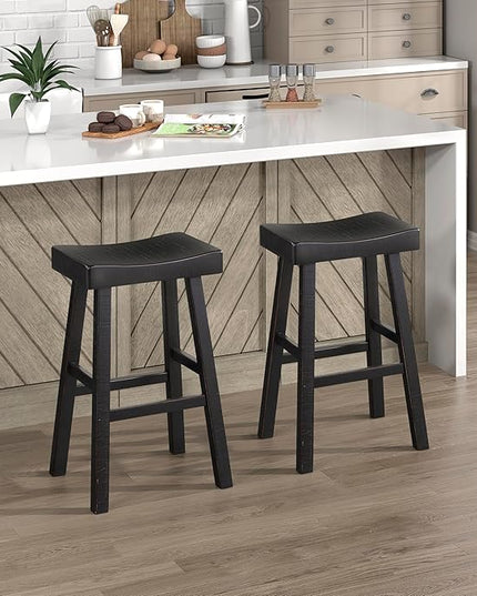 Lexicon Saddle Bar Stools Set of 2 Barstools with Footrest, Armless Dining Chairs for Kitchen Island, Breakfast Nook, Living Room, Pub Height, Black - LeafyLoom