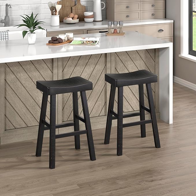 Lexicon Saddle Bar Stools Set of 2 Barstools with Footrest, Armless Dining Chairs for Kitchen Island, Breakfast Nook, Living Room, Pub Height, Black - LeafyLoom