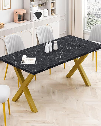 NicBex Dining Table Contemporary Kitchen Table Farmhouse Rustic 70.87" Square Dining Table with Printed Black Marble Table Top+Gold X-Shape Table Leg Rectangular Dining Table, Black +Gold - LeafyLoom