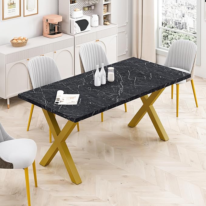 NicBex Dining Table Contemporary Kitchen Table Farmhouse Rustic 70.87" Square Dining Table with Printed Black Marble Table Top+Gold X-Shape Table Leg Rectangular Dining Table, Black +Gold - LeafyLoom