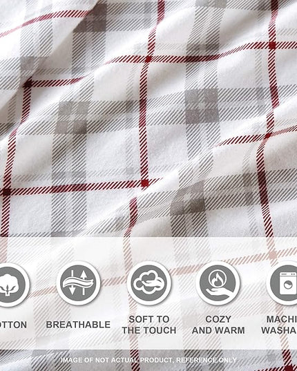 Comfort Spaces Cotton Flannel Breathable Warm Deep Pocket Sheets with Pillow Case Bedding, Queen, Grey/Red Plaid 4 Piece - LeafyLoom