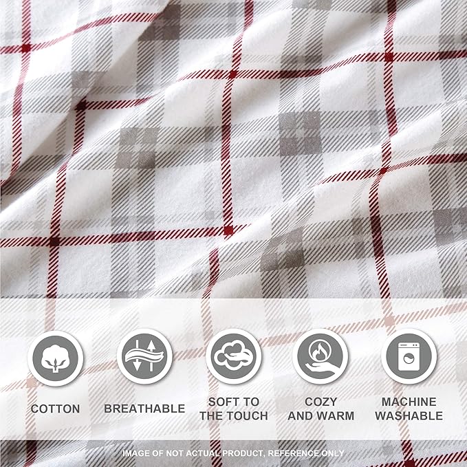 Comfort Spaces Cotton Flannel Breathable Warm Deep Pocket Sheets with Pillow Case Bedding, King, Grey/Red Plaid 4 Piece - LeafyLoom