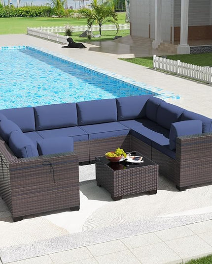 Kullavik 9PCS Outdoor Patio Furniture Set PE Wicker Rattan Sectional Sofa Patio Conversation Sets,Navy blue - LeafyLoom