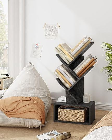 Hoctieon 3 Tier Tree Bookshelf, Small Bookcase with Drawer, Desktop Book Shelf, Display Floor Standing Storage Shelf, Book Organizer Shelves for Home Office, Black - LeafyLoom
