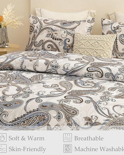 Whale Flotilla Queen Full Comforter Set, Soft Reversible Beige Bedding Comforter Set with Pailsey Pattern, 1 Micoriber Printed Comforter and 2 Pillow Shams, 3 Pieces - LeafyLoom