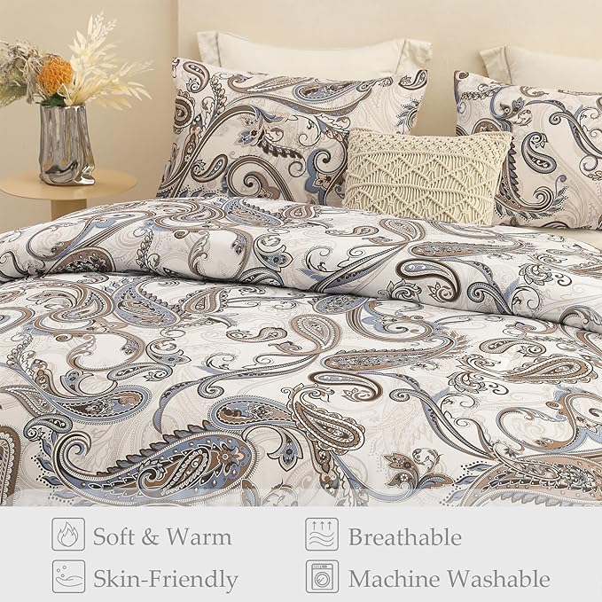 Whale Flotilla Queen Full Comforter Set, Soft Reversible Beige Bedding Comforter Set with Pailsey Pattern, 1 Micoriber Printed Comforter and 2 Pillow Shams, 3 Pieces - LeafyLoom