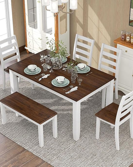 RITSU Retro Rustic Style 6 Piece Set, Including 4 Upholstered Chairs, 1 Table and a Bench, for Dining Room, Home Bar, and Kitchen,Walnut + Cottage White - LeafyLoom