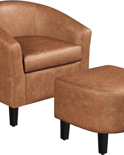 Yaheetech Accent Chair with Ottoman Footstool, PU Leather Modern Upholstered Soft Barrel Chair, Comfy Club Armchair and Footrest Set for Living Room/Bedroom/Reading Room/Guestroom, Brown - LeafyLoom