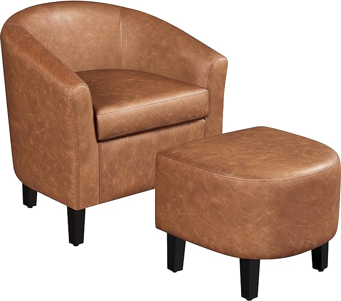 Yaheetech Accent Chair with Ottoman Footstool, PU Leather Modern Upholstered Soft Barrel Chair, Comfy Club Armchair and Footrest Set for Living Room/Bedroom/Reading Room/Guestroom, Brown - LeafyLoom