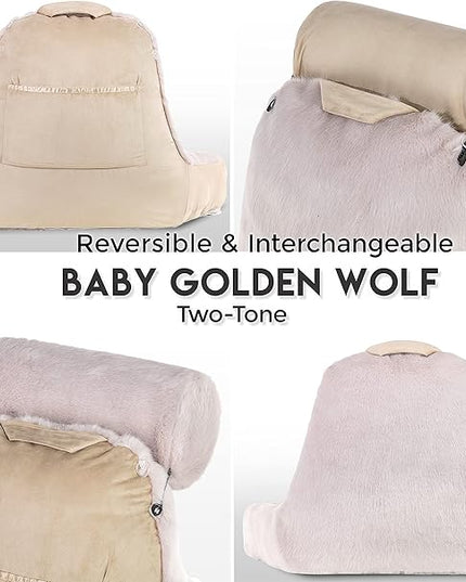 Husband Pillow XXL Cover Only - Baby Golden Wolf Fur Backrest Pillowcase Set, Two-Tone Reversible Double Sided Fabulous Faux Fur Reading & Bed Rest, Thick Zippers, 2 Sided Solid Fabric Neck Rolls - LeafyLoom
