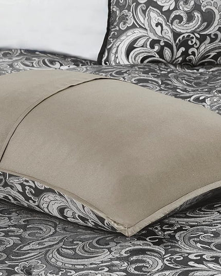 Madison Park Essentials Brystol 24 Piece Room in a Bag Faux Silk Comforter Jacquard Paisley Design Matching Curtains Down Alternative All Season Bedding-Set, Queen(90 in x 90 in), Black 24 Piece - LeafyLoom