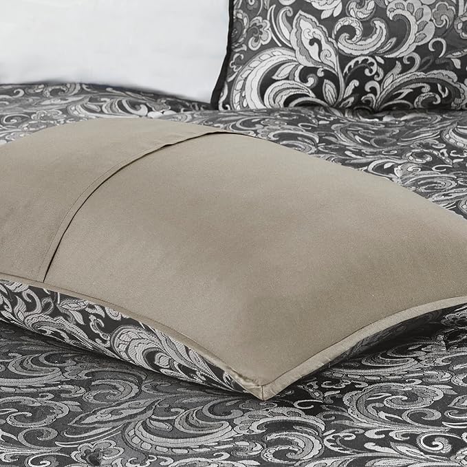 Madison Park Essentials Brystol 24 Piece Room in a Bag Faux Silk Comforter Jacquard Paisley Design Matching Curtains Down Alternative All Season Bedding-Set, Queen(90 in x 90 in), Black 24 Piece - LeafyLoom