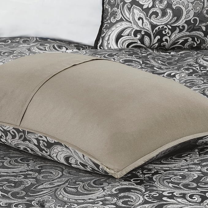 Madison Park Essentials Brystol 24 Piece Room in a Bag Faux Silk Comforter Jacquard Paisley Design Matching Curtains Down Alternative All Season Bedding-Set, Cal King(104 in x 92 in), Black 24 Piece - LeafyLoom