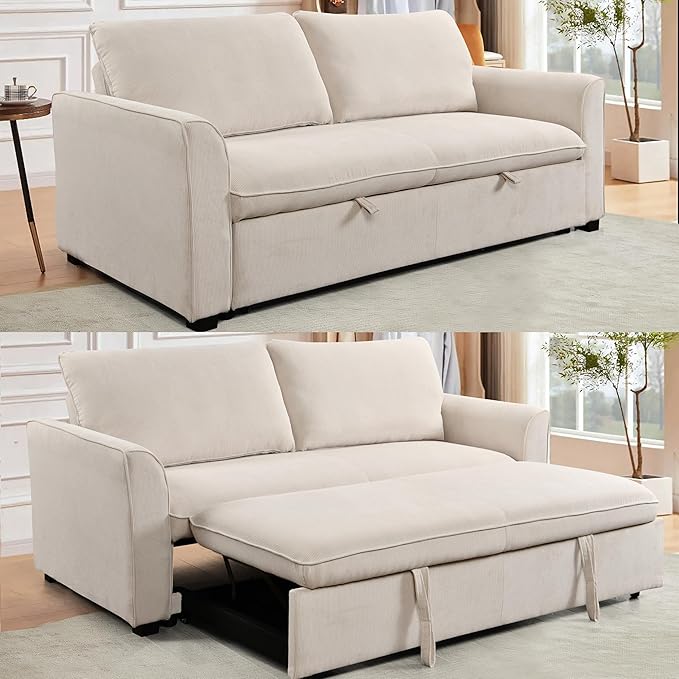 3 in 1 Oversized Convertible Loveseat Sleeper Sofa Bed,Soft Corduroy Upholstered Queen Love Seats Sofabed W/Pull Out Sleep Couch,Comfortable Cushions and Padded Armrests for Living Room - LeafyLoom