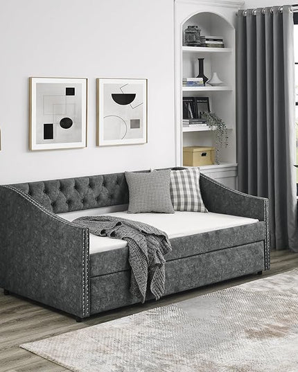Twin Size Upholstered Daybed with Trundle, Wooden Sofa Bed w/Button Tufted Backrest and Waved Shape Arms, Space-Saving Design, No Box Spring Needed, for Living Room, Bedroom, Dorm, Grey - LeafyLoom