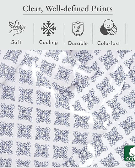 California Design Den Queen Bed Sheet Set, 100% Cotton Sateen Printed Pattern, 4 Pc Deep Pocket Queen Sheets & Pillowcase Set - Filigree - LeafyLoom