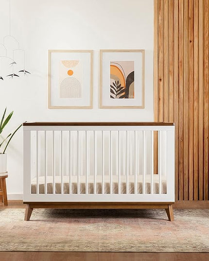 Babyletto Scoot 3-in-1 Convertible Crib with Toddler Bed Conversion Kit in White and Natural Walnut, Greenguard Gold Certified - LeafyLoom