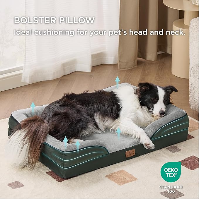 Bedsure Orthopedic Dog Bed for Large Dogs - Big Washable Dog Sofa Beds Large, Supportive Foam Pet Couch Bed with Removable Washable Cover, Waterproof Lining and Nonskid Bottom, Dark Green BEDSURE
