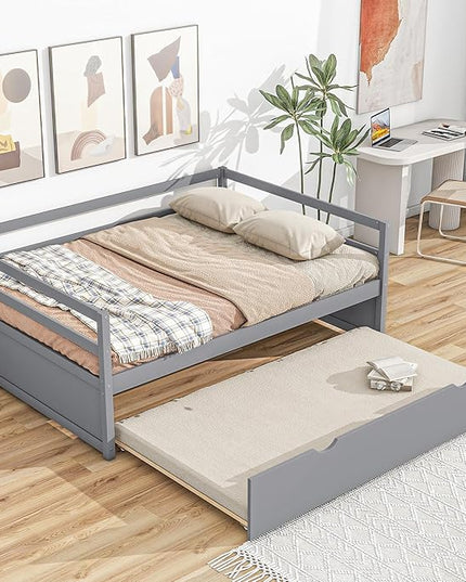 Twin Size Daybed with 2 Trundle,Multifunction Solid Wood Bed Frame,W/Wooden Slat Support,No Box Spring Needed,for Bedroom Apartment,Guest room,Gray - LeafyLoom