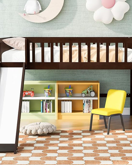 Merax Kids Wood Full Low Loft Bed with Ladder and Slide, Junior Loft Bunk Bed for Boys, Girls,No Box Spring Needed, Espresso - LeafyLoom
