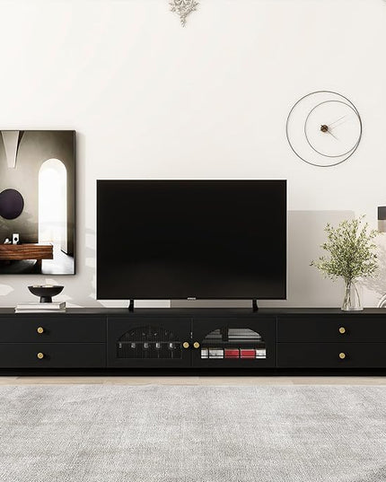 TV Stand with Drawers, 86 Inch Entertainment Center with Fluted Glass Doors for TVs Up to 90'', TV Console with Ample Storage Space for Living Room, Black - LeafyLoom