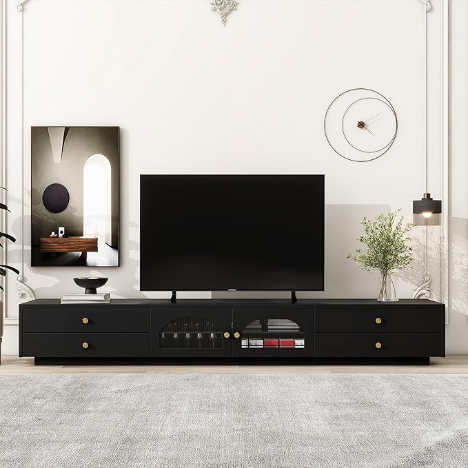 TV Stand with Drawers, 86 Inch Entertainment Center with Fluted Glass Doors for TVs Up to 90'', TV Console with Ample Storage Space for Living Room, Black - LeafyLoom
