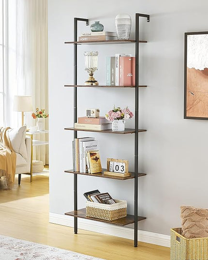 Tajsoon Large Bookcase, Industrial Ladder Shelf, 5 Tier Wood Wall Mounted with Metal Frame, Open Display Storage Shelves for Home, Office, Collection, Plant Flower, Rustic Brown & Black, 25.2''W - LeafyLoom