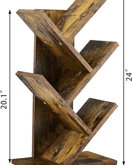 Hoctieon 4 Tier Tree Bookshelf, 4 Shelf Bookcase, Modern Book Storage, Free Standing Tree Bookcase, Utility Organizer Shelves for Home Office, Living Room, Bedroom, Rustic Brown - LeafyLoom
