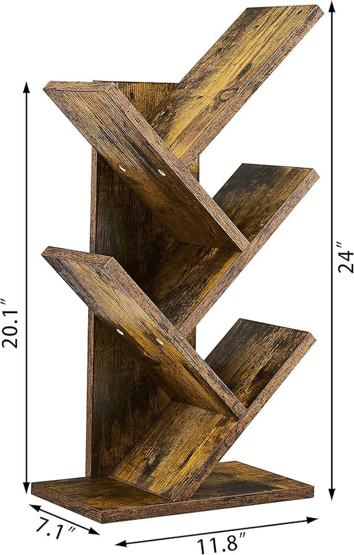 Hoctieon 4 Tier Tree Bookshelf, 4 Shelf Bookcase, Modern Book Storage, Free Standing Tree Bookcase, Utility Organizer Shelves for Home Office, Living Room, Bedroom, Rustic Brown - LeafyLoom