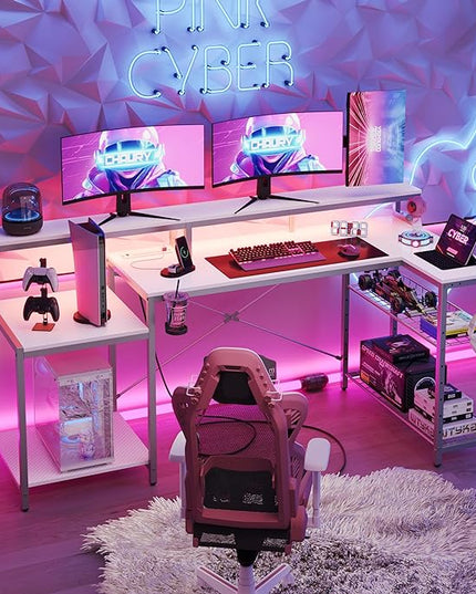 Bestier White Gaming Desk with Power Outlet, 71.5 LED Computer Desk with Monitor Stand, Large L Shaped Desk with Adjustable Shelf, Cup Holder & Headset Hooks, Corner Study Desk for Bedroom - LeafyLoom