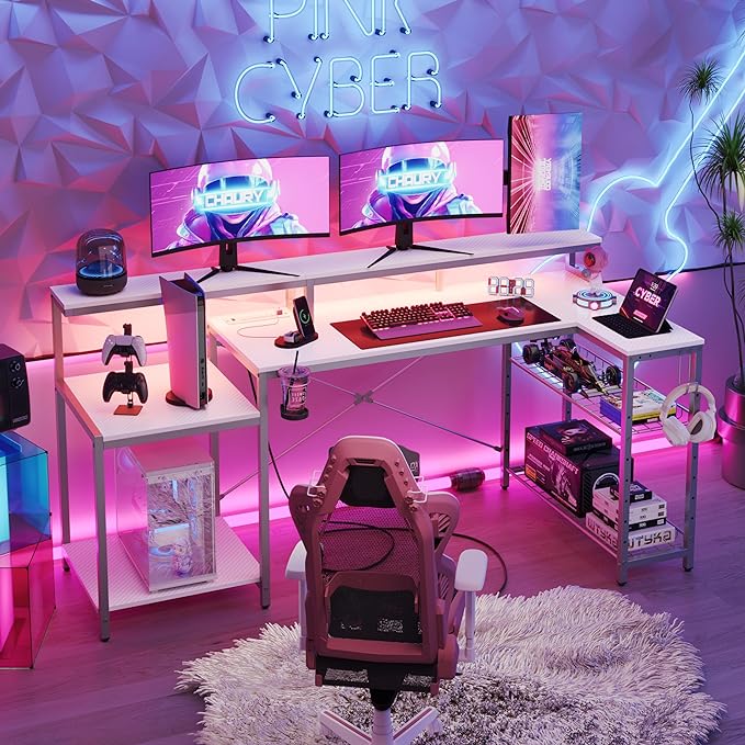 Bestier White Gaming Desk with Power Outlet, 71.5 LED Computer Desk with Monitor Stand, Large L Shaped Desk with Adjustable Shelf, Cup Holder & Headset Hooks, Corner Study Desk for Bedroom - LeafyLoom
